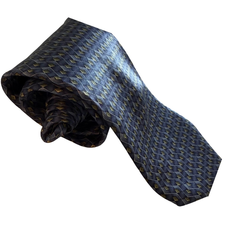 Geoffrey Beene Mens Silk Tie Navy Blue Olive Green Geometric‎ Diamond Pattern
